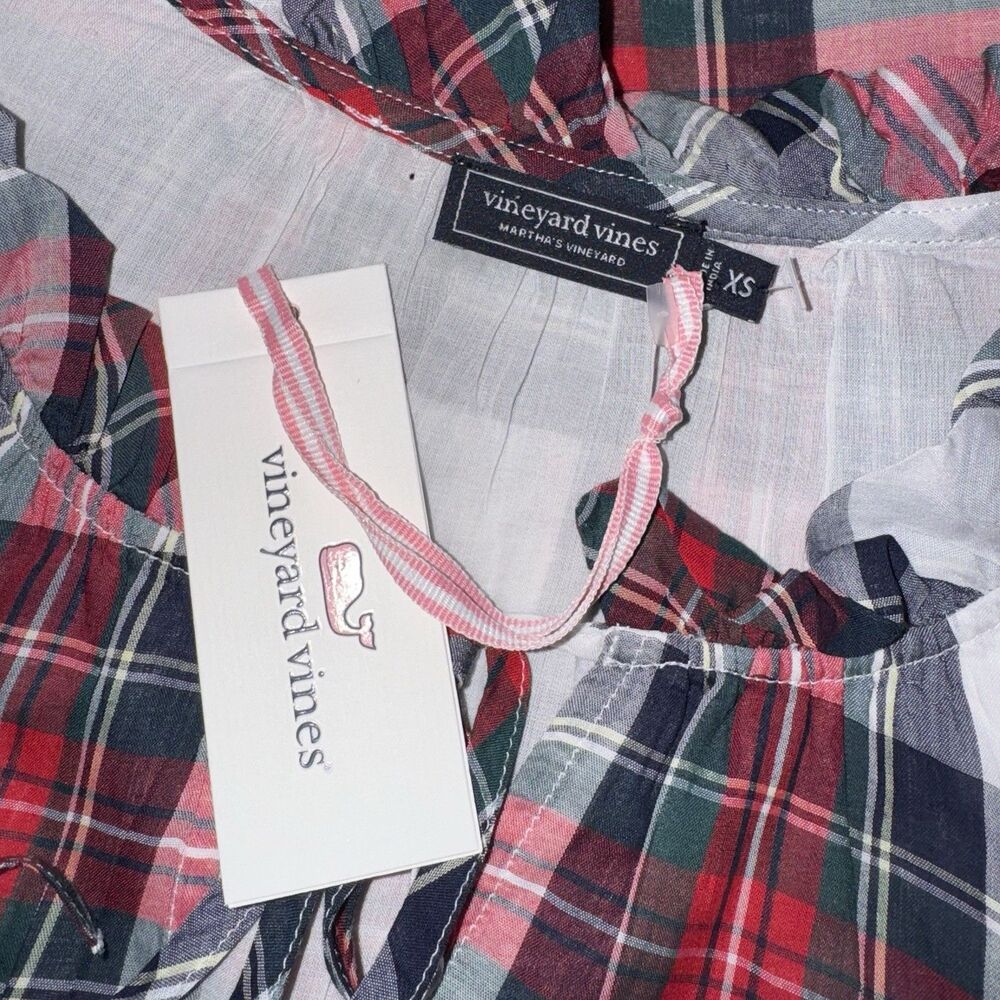 Vineyard Vines Blackwatch Ruffle Popover Woven Plaid Top Size XS NWT Red Blue - Picture 11 of 12